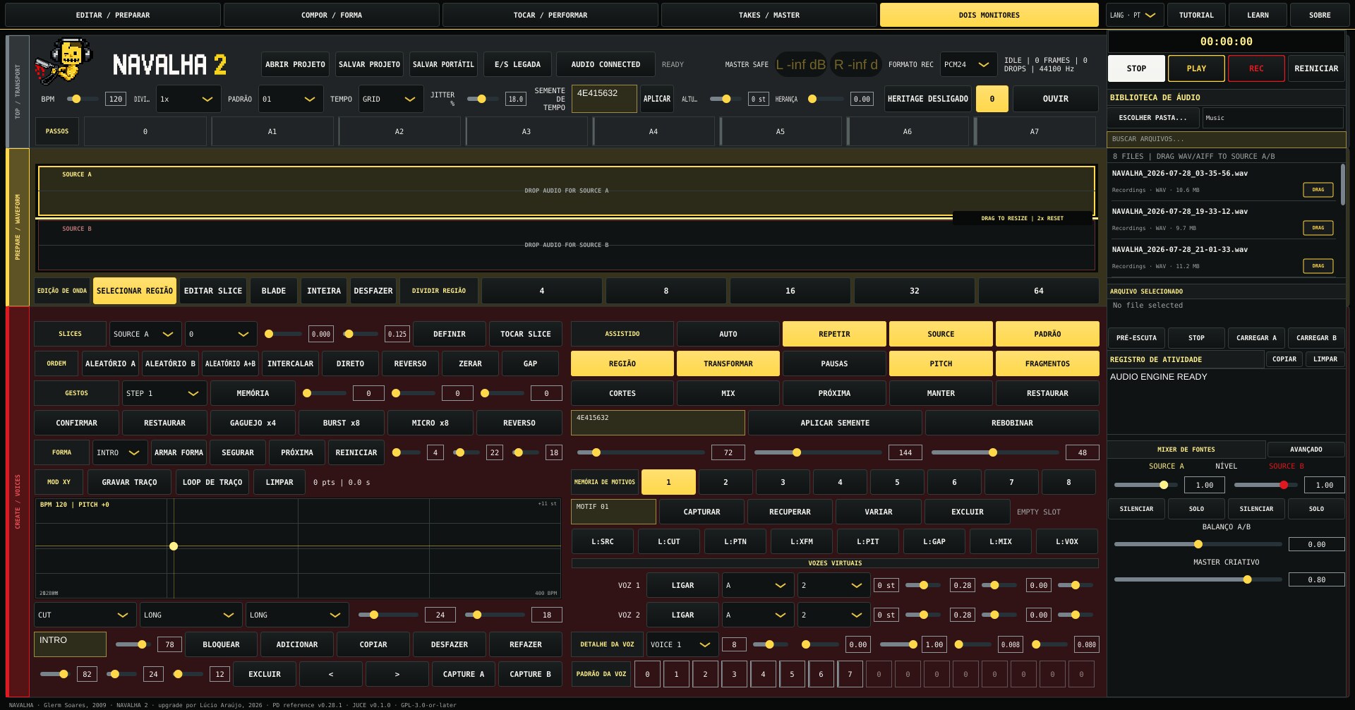 Navalha 2 JUCE native interface with source waveforms, patterns, gestures, form controls, library and source mixer
